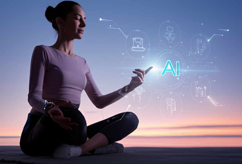 Woman interacting with AI while meditating at sunset